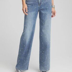 NWT Chico's Pearl Embellished High Rise Wide Leg Jeans size 2.5 US L 14